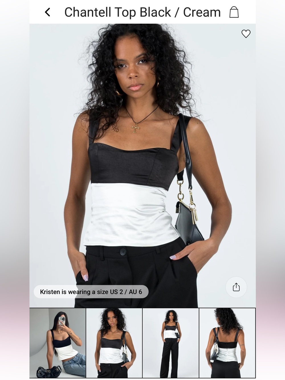 Princess Polly Colorblock Satin Top - Black & Cream